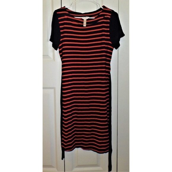 Three Seasons Maternity M Navy Striped Short Sleeve Dress Tie Belt Solid Sleeve - Picture 1 of 5